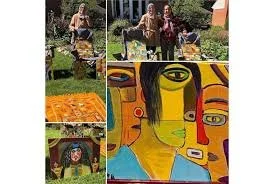A collage of images including a person gardening with a wheelbarrow, a person pushing a wheelbarrow, a close-up of a dish of orange-colored food, and a colorful abstract painting of human faces.