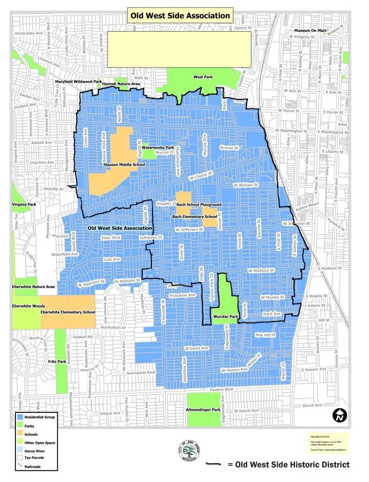 Map of the Old West Side Historic District and surrounding area, highlighting parks, schools, open spaces, and the Huron River in Ann Arbor, Michigan.