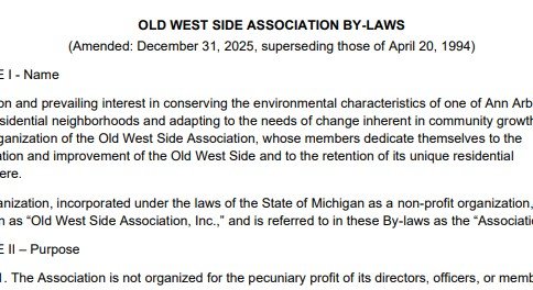 A document titled 'Old West Side Association By-Laws' with sections including purpose, organization, and amendments, referencing Michigan law and community environmental interests.