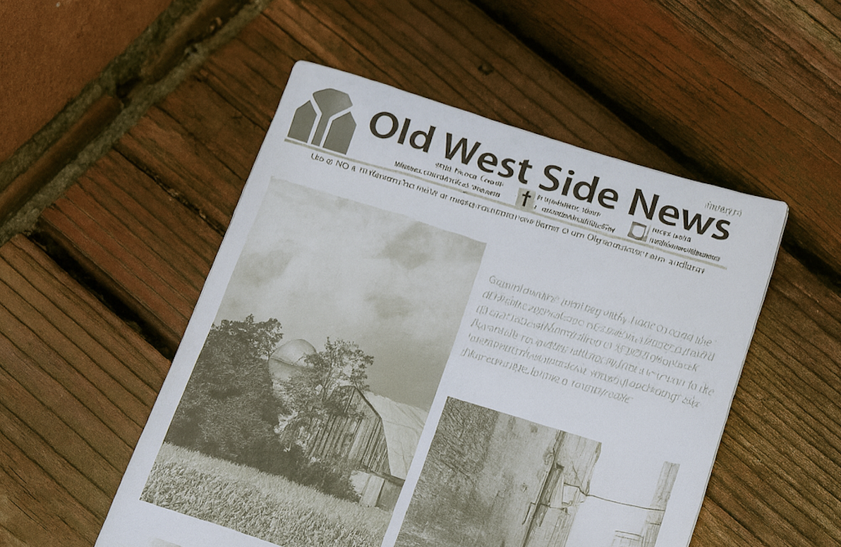 A black-and-white newsletter titled "Old West Side News" on a wooden surface, featuring images of a rural landscape and farm buildings.