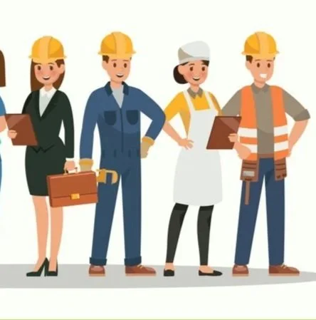Illustration of diverse professionals including a businesswoman, a mechanic, a chef, and a construction worker, all wearing safety helmets and holding tools or documents.