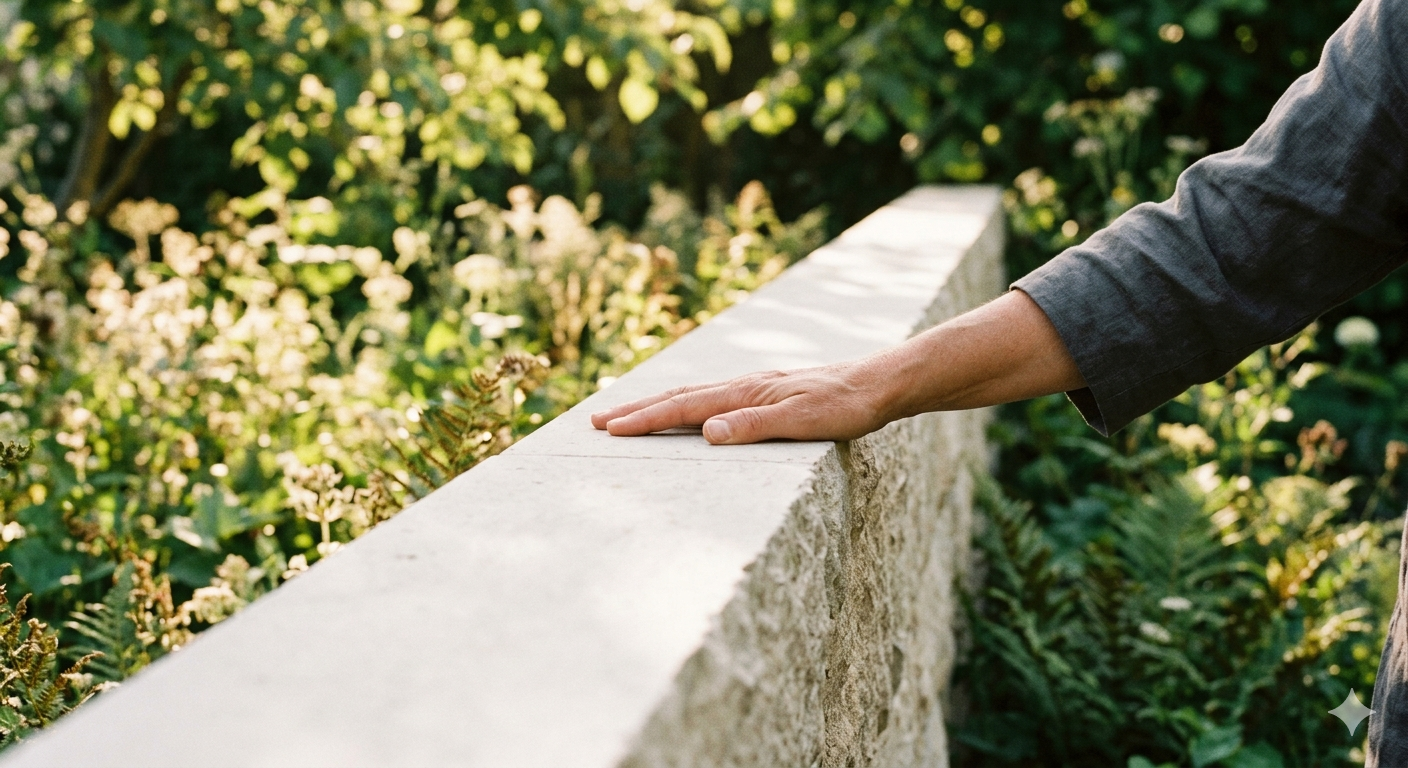 A hand resting firmly on a stone wall bordering a sunlit garden, representing healthy personal boundaries.