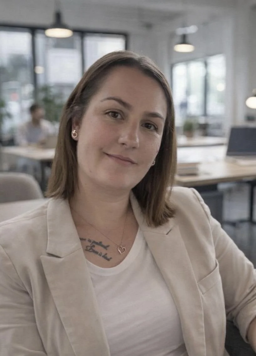 A woman with shoulder-length brown hair, wearing a beige blazer and white t-shirt, sitting in a modern office space with large windows and natural light.