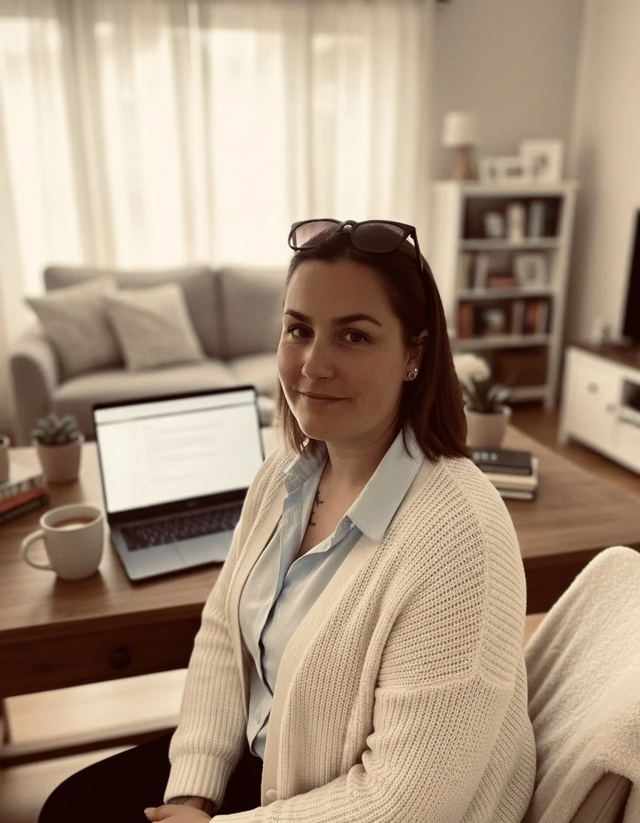 A woman with brown hair, wearing glasses on her head, a white cardigan, and a light blue shirt, sitting in a cozy living room with a laptop, coffee mug, and books on a wooden table.