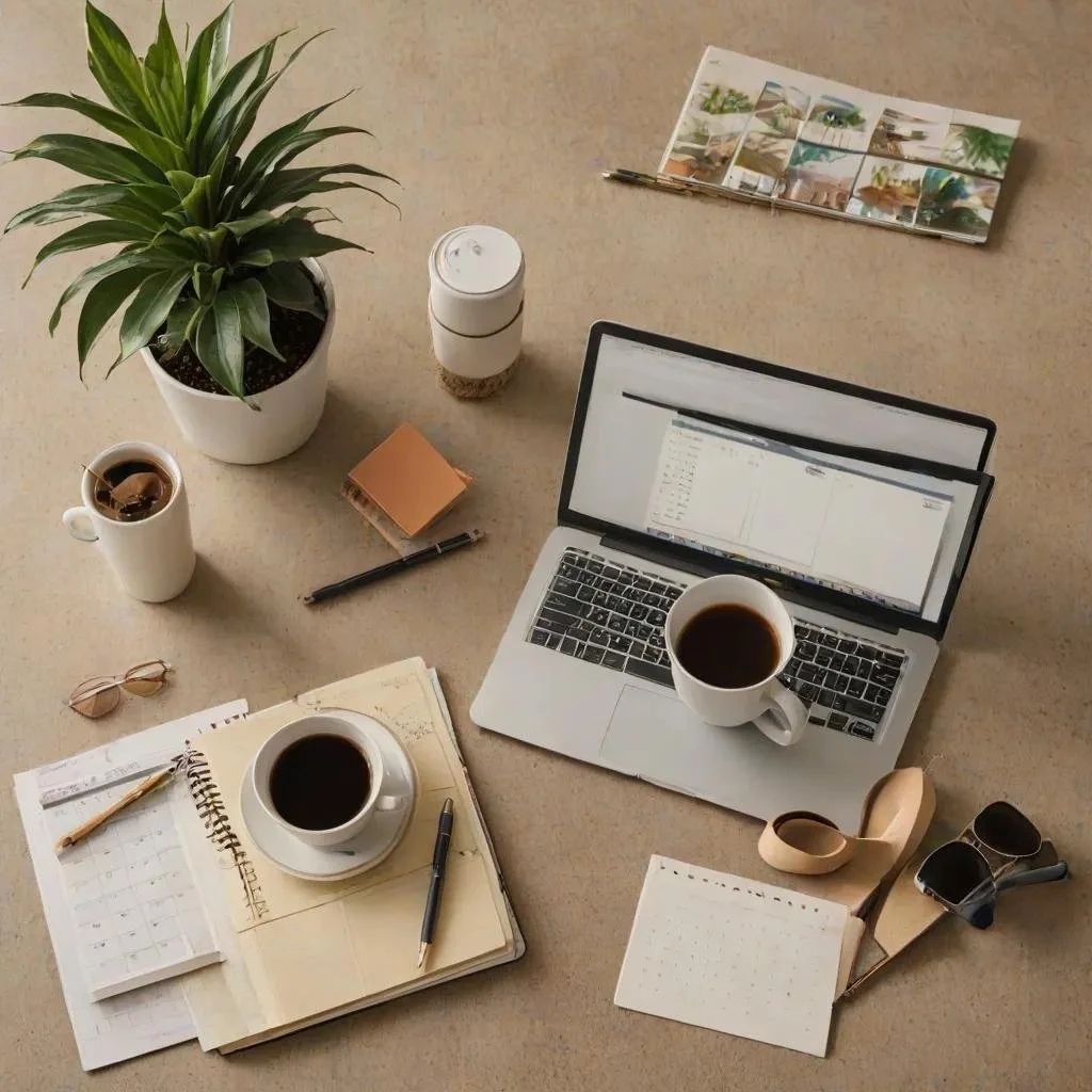 An organized work desk with a large potted plant, two cups of black coffee, a notebook with a pen, a smaller notebook, eyeglasses, a travel mug, a lipstick, a flyer or brochure, a laptop, a small notepad, and some small bowls. The desk surface is light-colored and has a clean, minimalist setup.