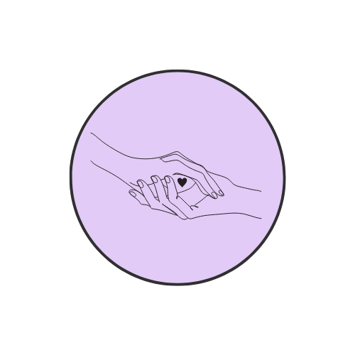 Line drawing of two hands holding each other with a small heart between them, set against a light purple circular background.