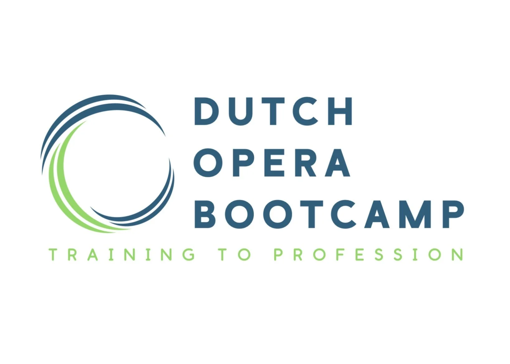 Logo for Dutch Opera Bootcamp with a stylized circular design resembling a wave or swoosh in blue and green, and the text 'Dutch Opera Bootcamp' with the tagline 'Training to Profession' in green.