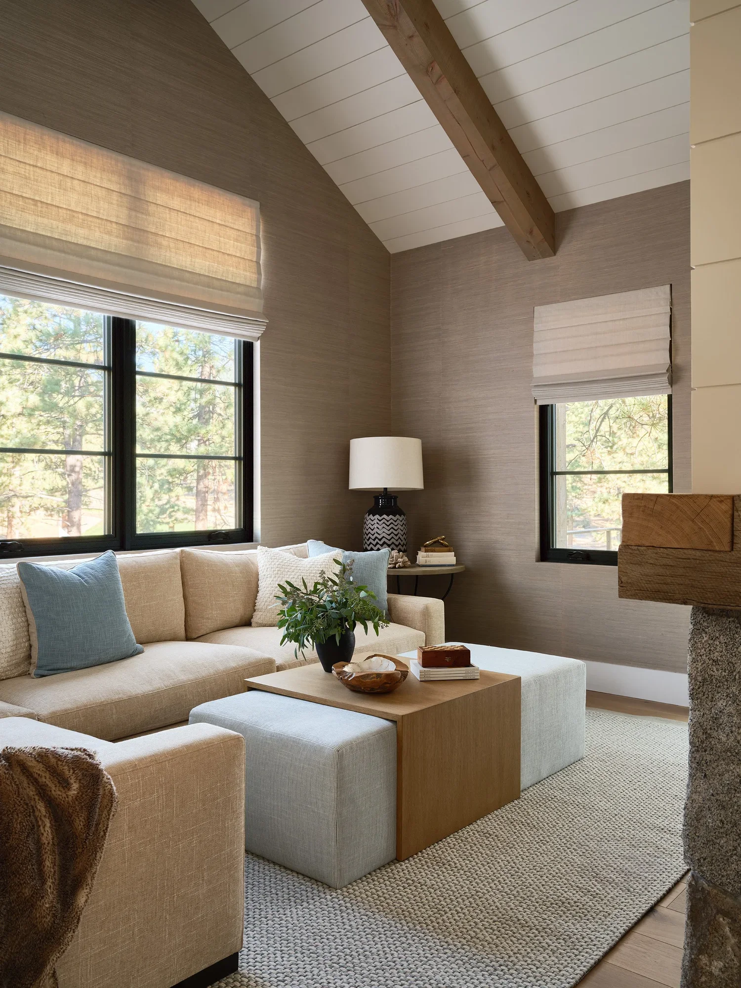 Tahoe living room with neutral tones and beams, designed by Julie Beuerlein, interior designer