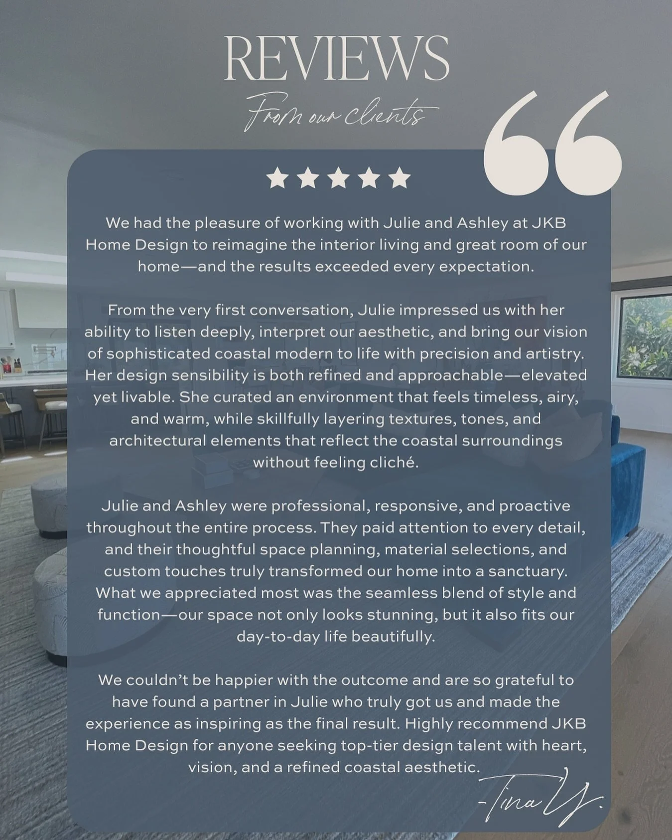 We love hearing from our JKB Home Design clients! 

#jkbhomedesign 

#clientreviews #palosverdesestates #happydesigner #happyclients #southbayinteriordesigner #mahattanbeach