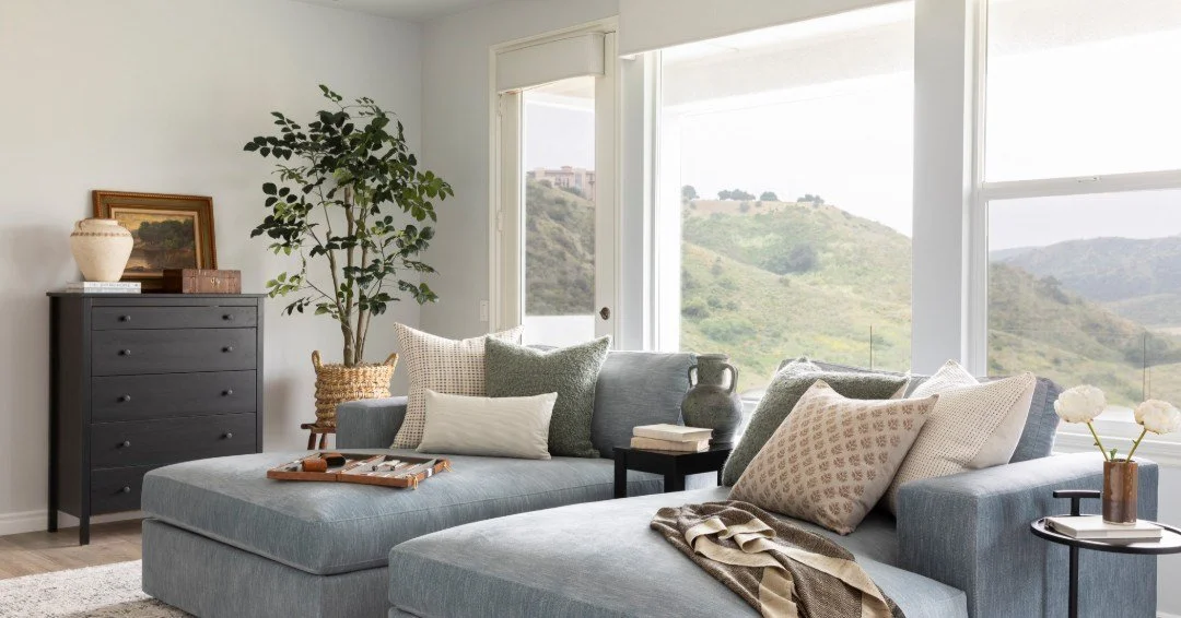 Blue suede couch in a master bedroom with a view? Yes, please. This is the kind of seating that invites you to linger a little longer.
Thinking about a space that reflects how you live now? We&rsquo;d love to design it with you.

Interior Design: @jk