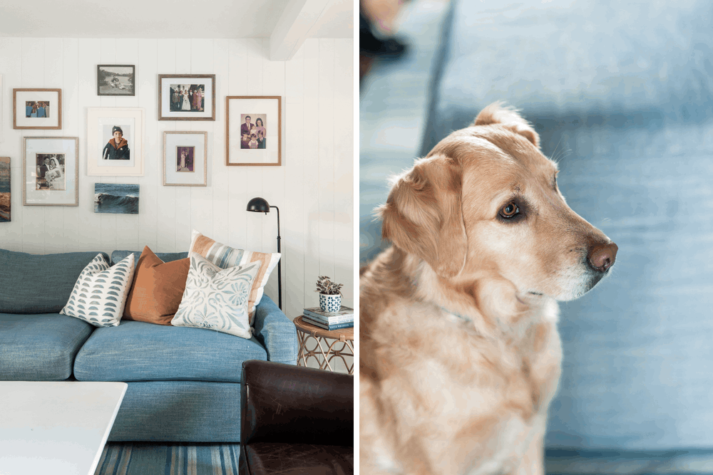 Family-friendly Palos Verdes Estates living room with custom denim sectional and personal gallery wall, designed by Julie Beuerlein