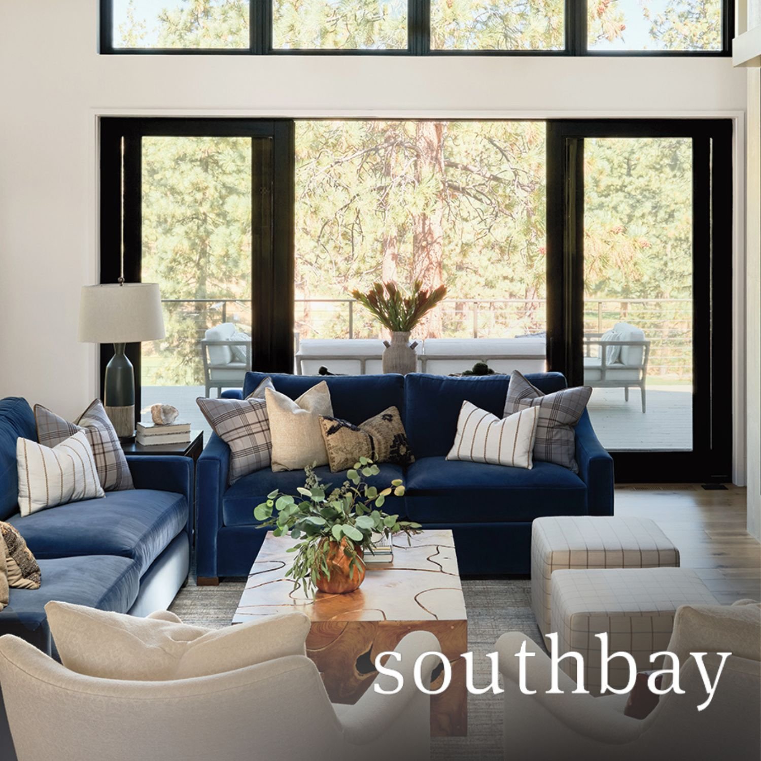 Mountain retreat interior design with royal blue furniture designed Julie K. Beuerlein