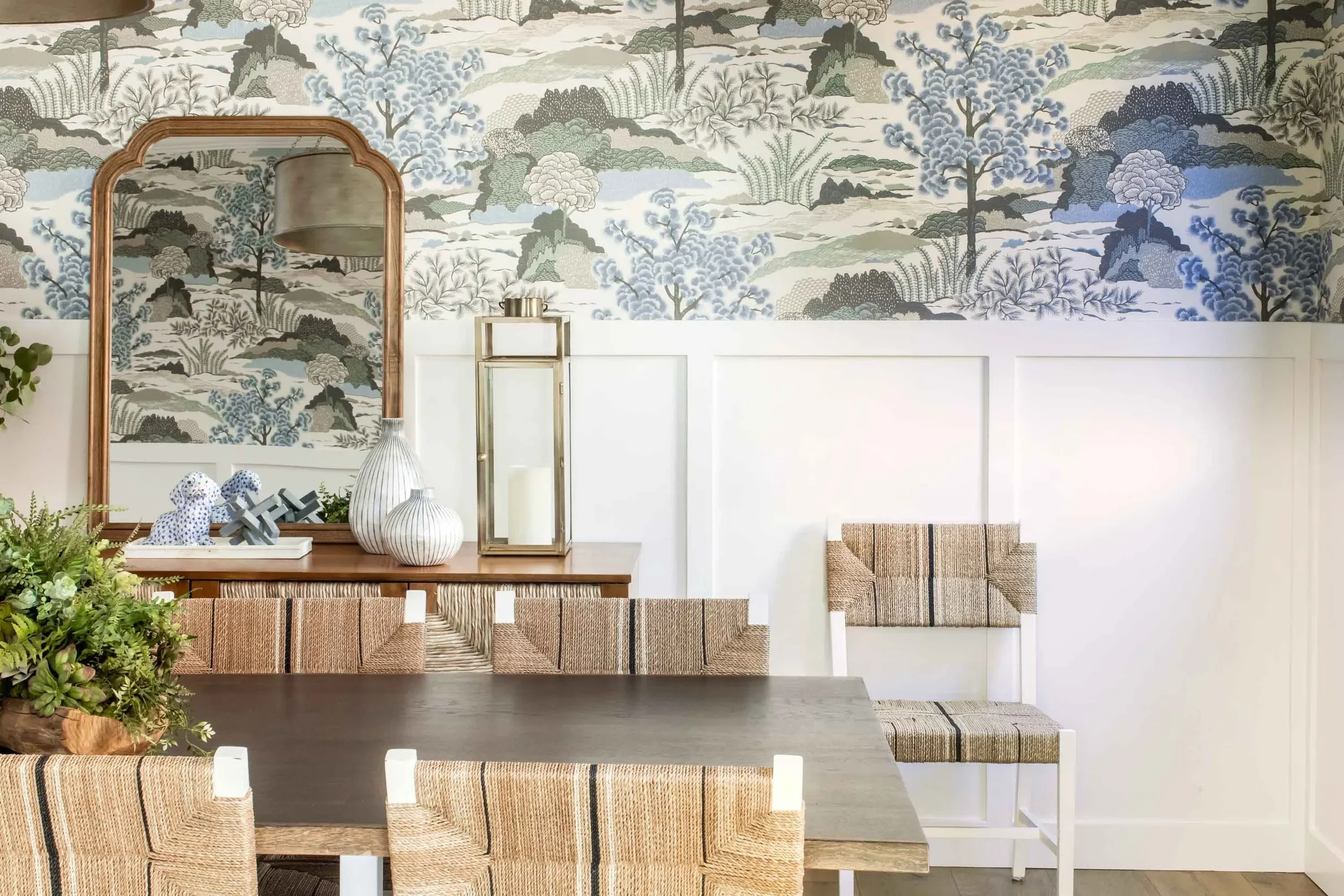 Palos Verdes dining room with wood table and gold accents, designed by JKB Home Design