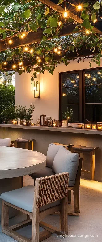 Outdoor dining area with string lights, candlelight, and layered ambient lighting for evening entertaining
