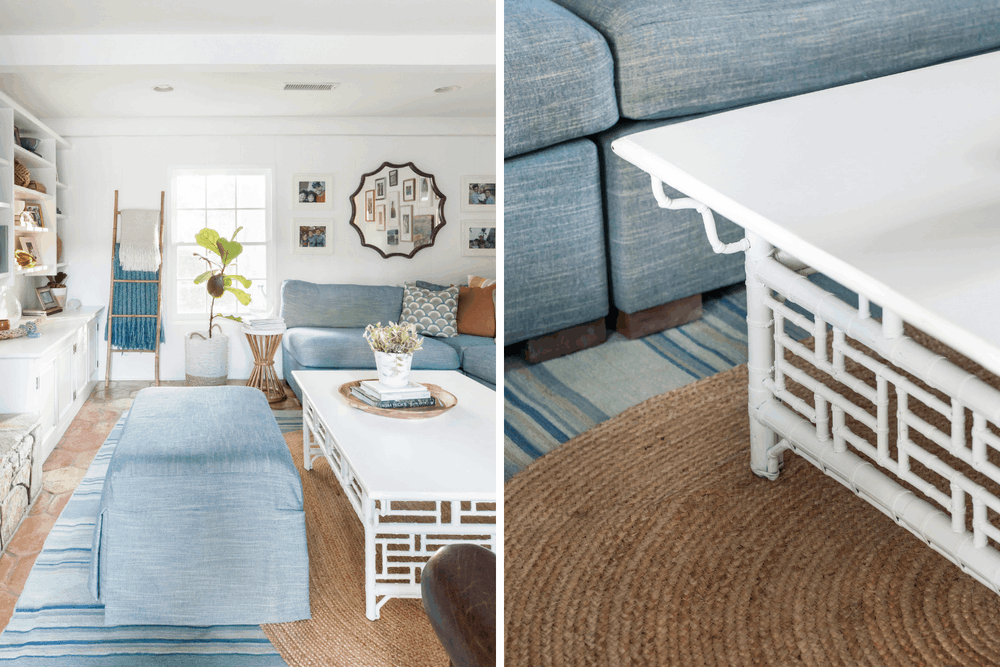 Palos Verdes Estates family room with blue sectional, white coffee table, layered rugs, and colorful pillows by JKB Home Design