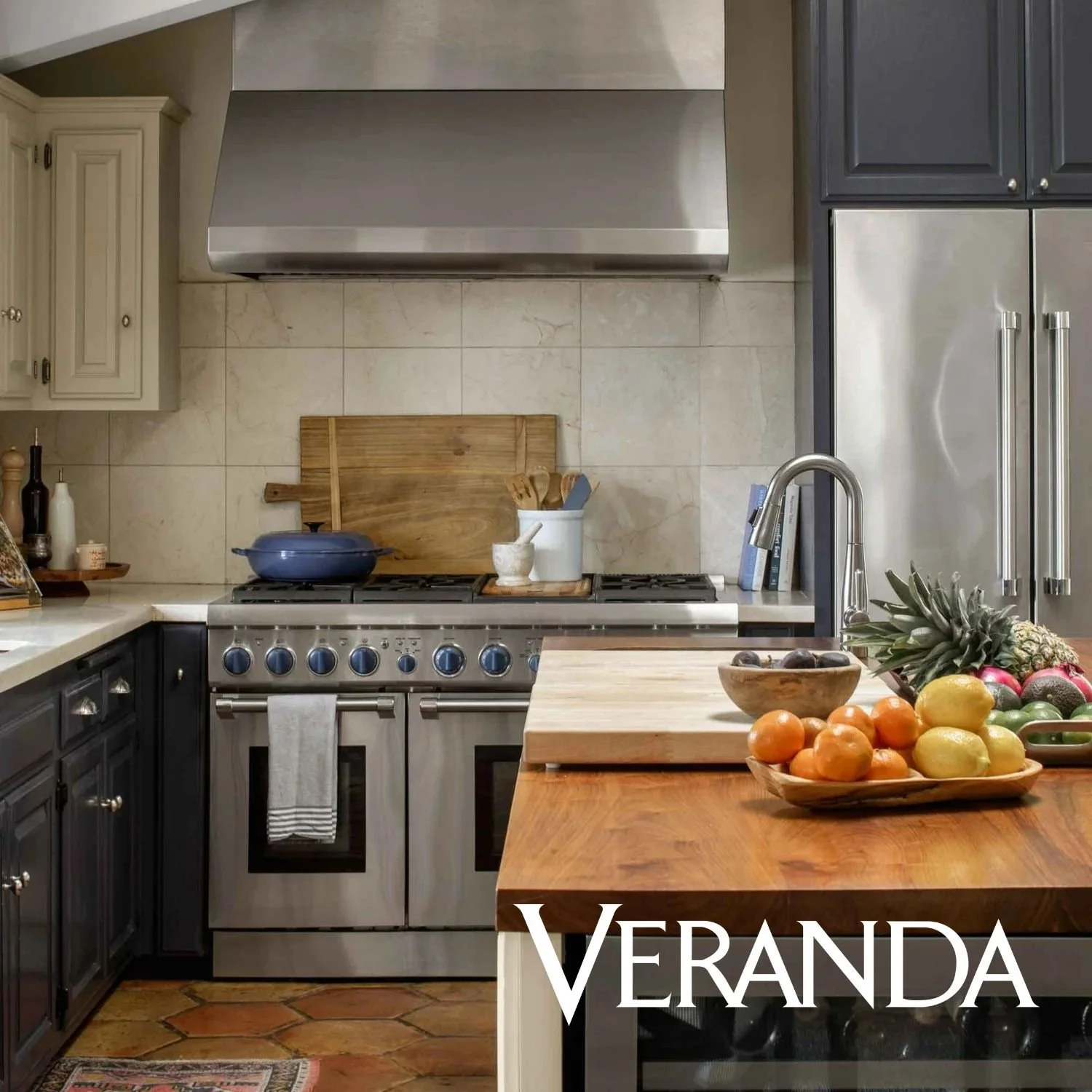 Modern california kitchen with island and Veranda logo, showcasing interior designer Julie Beuerlein press feature in Veranda