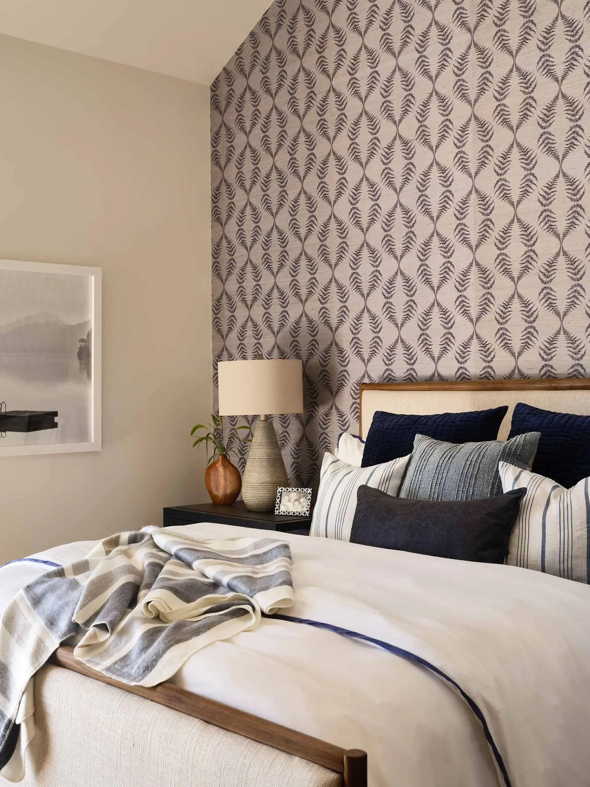 Blue and white bedding in mountain retreat bedroom, designed by JKB Home Design