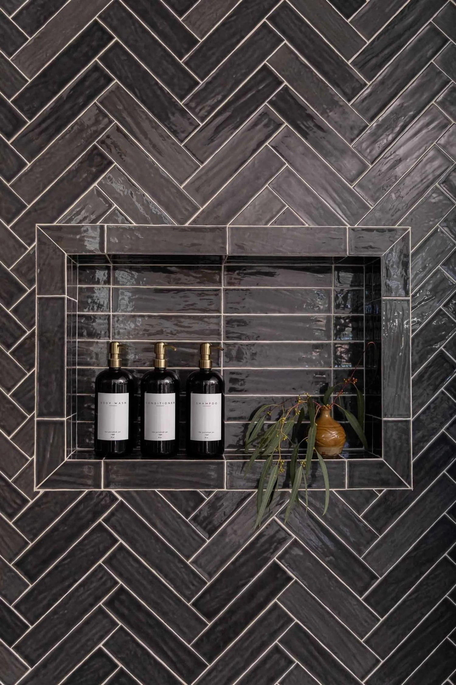 Shower wall detail with unique tile, designed by JKB Home Design, Aliso Viejo