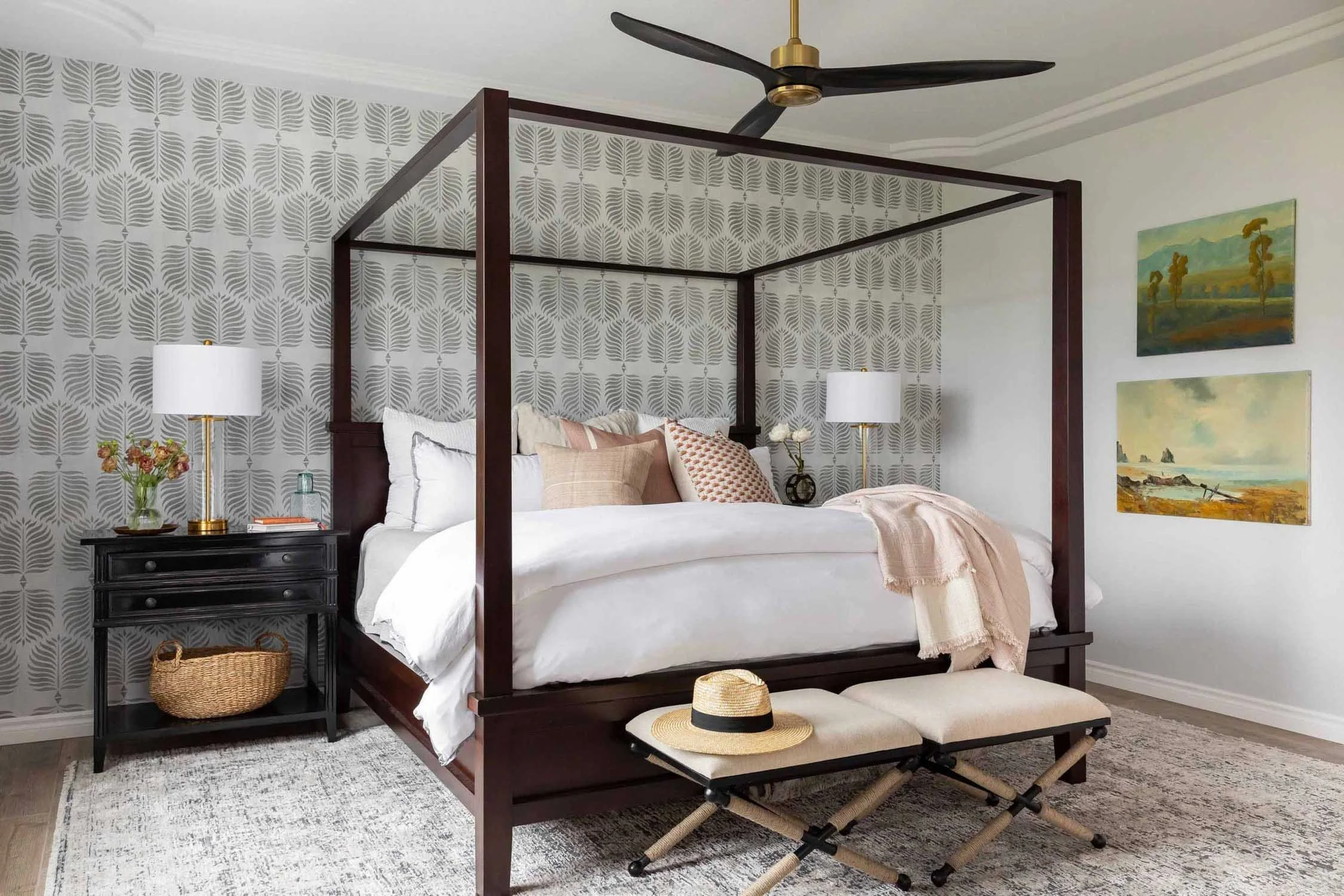 Southern California primary bedroom with botanical wallpaper, designed by Julie Beuerlein, interior designer