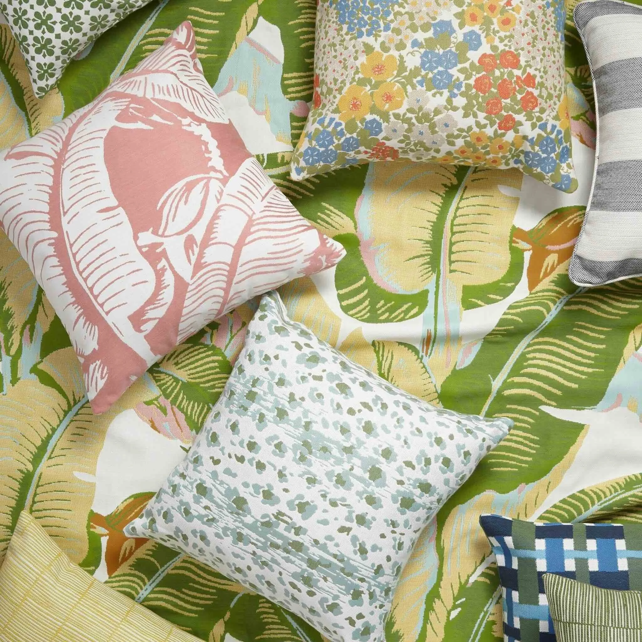 Colorful outdoor performance fabrics with botanical, floral, striped, and geometric patterns