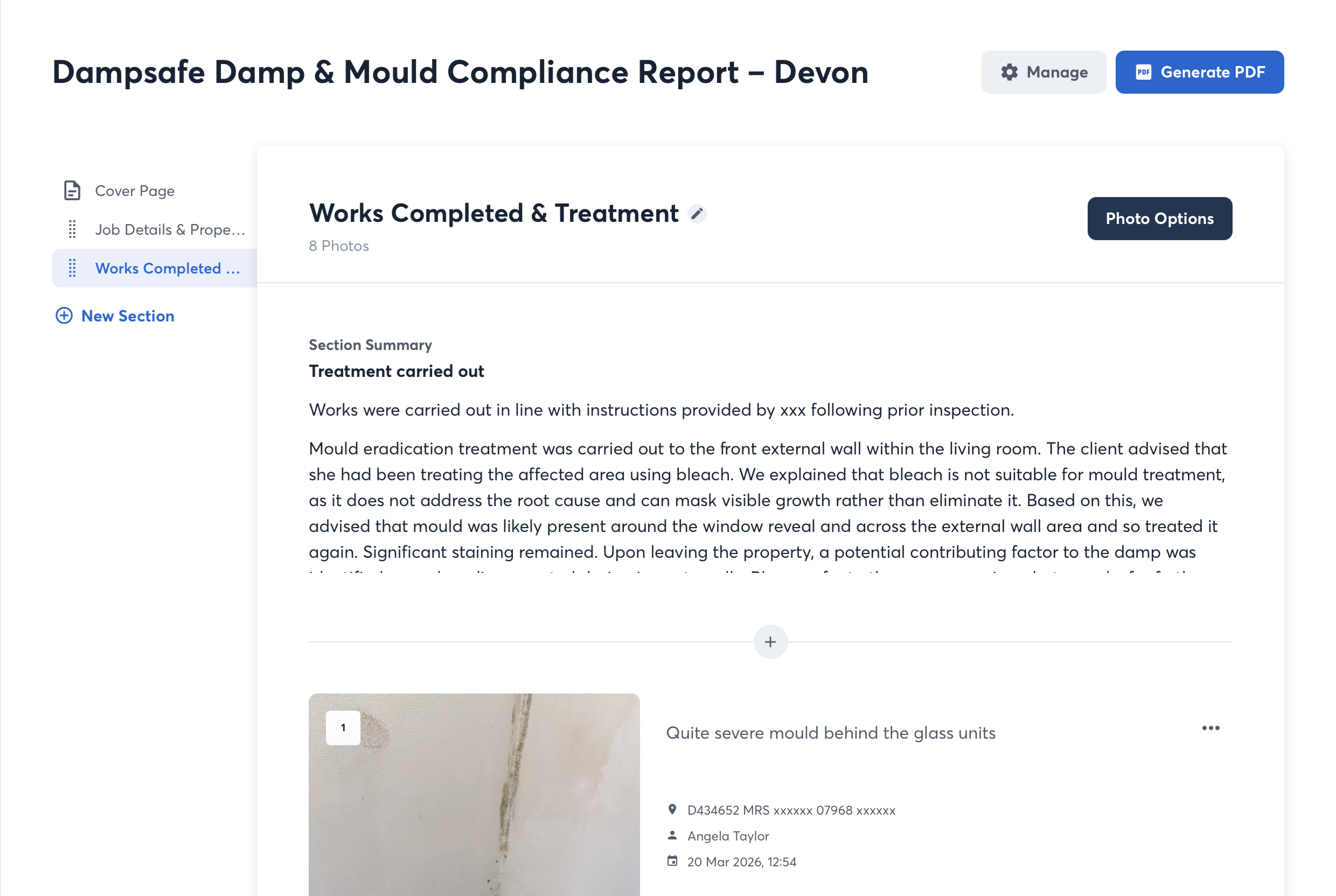 A screenshot of a digital report titled "DampSafe Damp & Mould Compliance Report – Devon." The report includes sections such as work completed and treatment, with a photo of a wall with mold underneath a window and a detailed description of mold treatment. Additional interface elements include options to manage, generate PDF, and view photos.