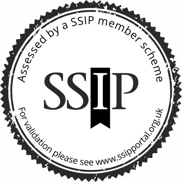 A circular black and white stamp-like logo for the SSIP certification, with the text "Assessed by a SSIP member scheme" and "For validation please see www.ssipportal.org.uk" around the circle, and "SSIP" in the center with a black ribboned bookmark design.