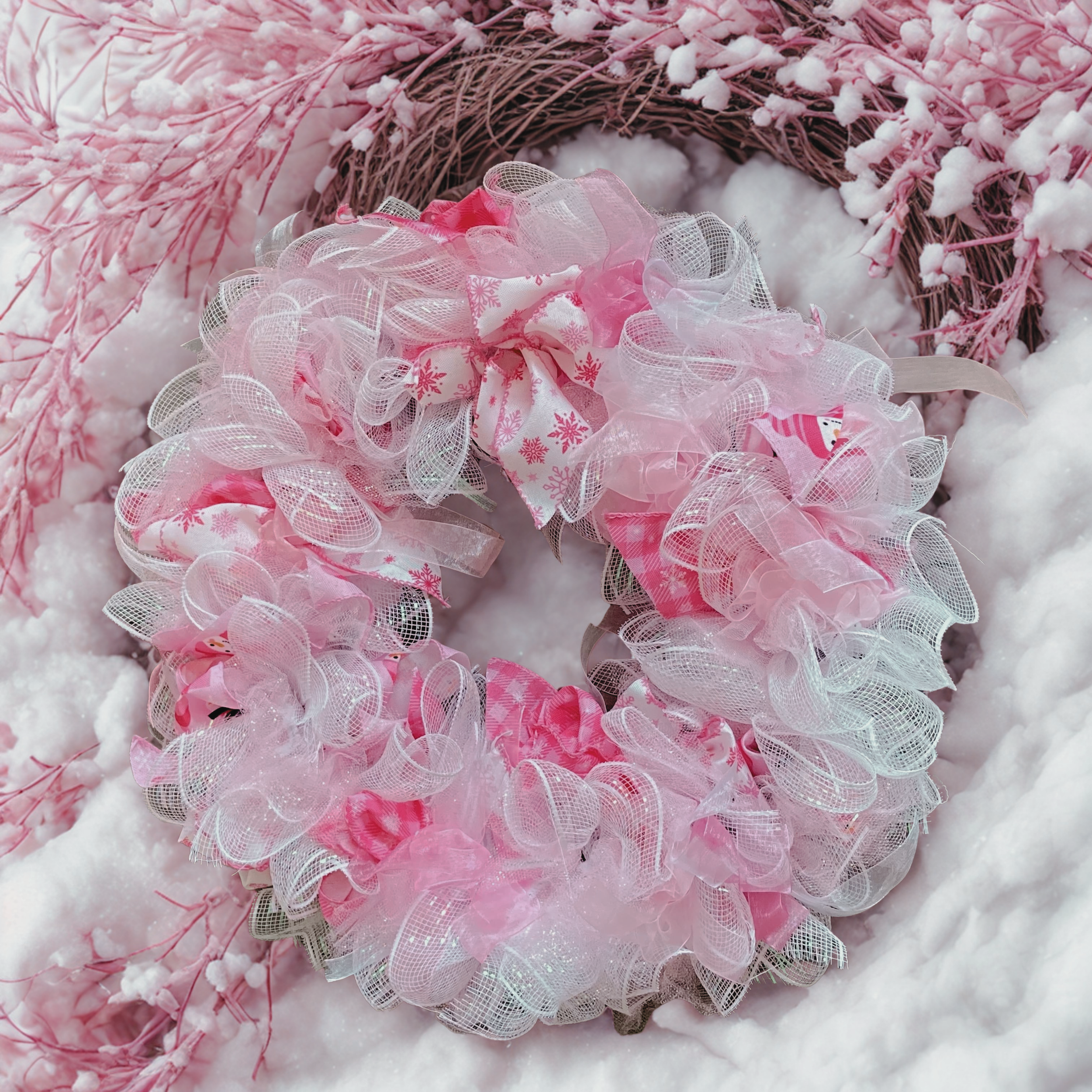 Pink Snowman Ribbon Wreath