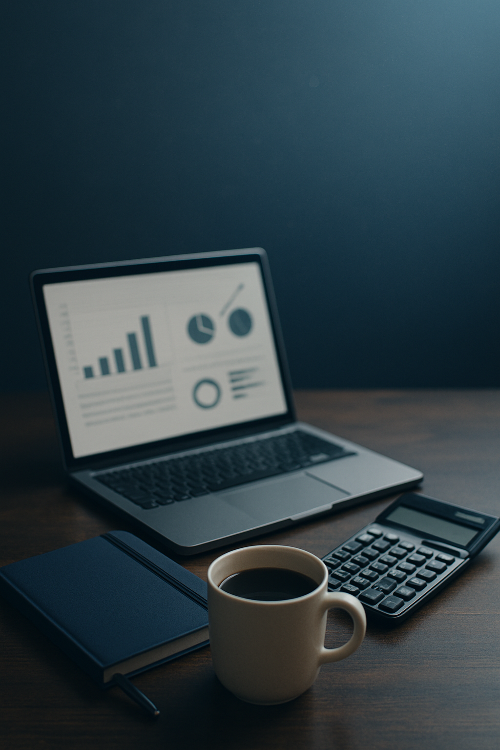 A workspace with a laptop displaying charts, a calculator, a blue notebook with a pen, and a cup of coffee on a wooden desk against a dark background.