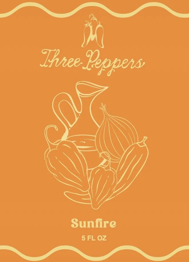 Orange package labeled "Three Peppers" with illustrations of three peppers and a bottle of sunfire hot sauce, 5 fluid ounces.