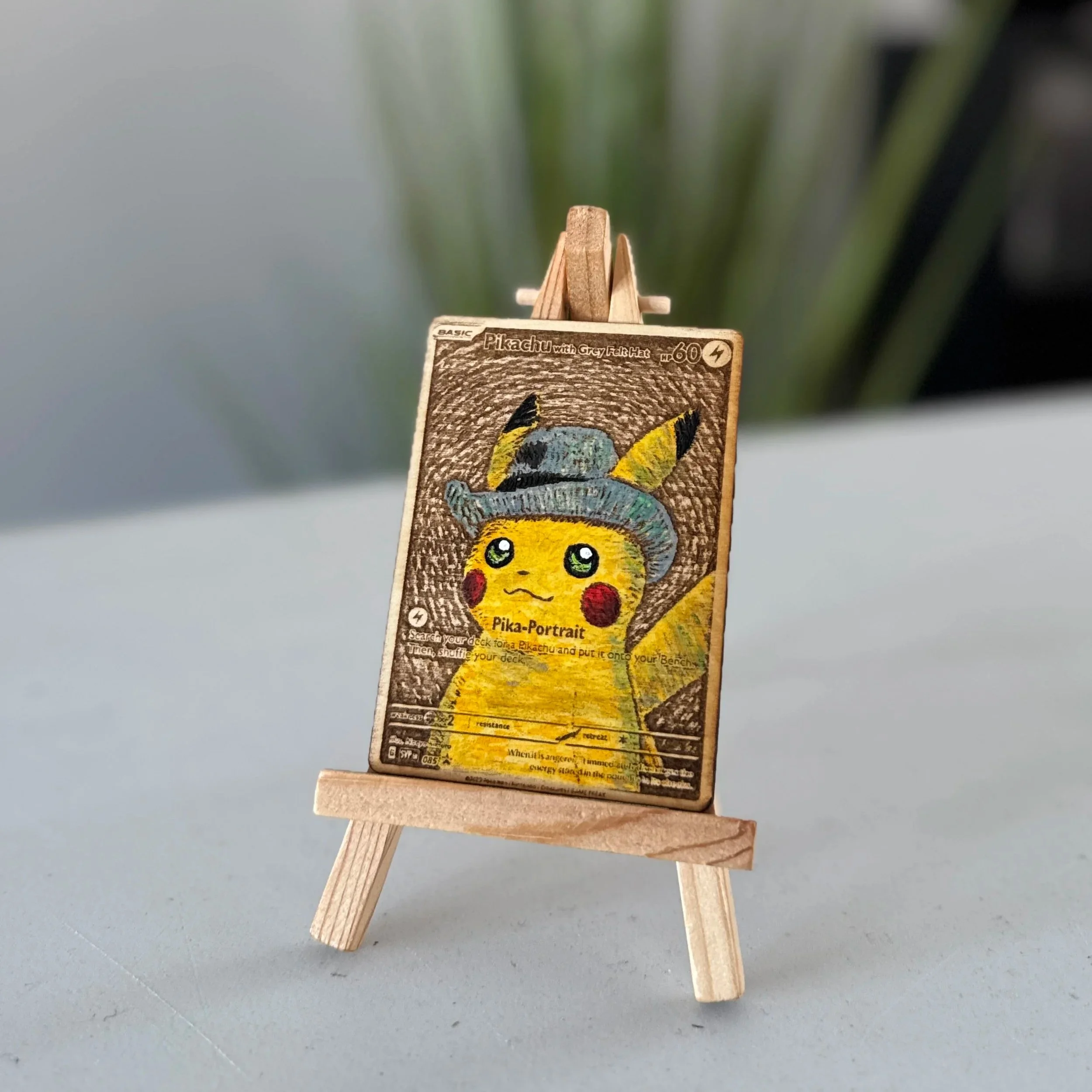 Pikachu With Gray Felt Hat (85) Engraved Wooden TCG Card