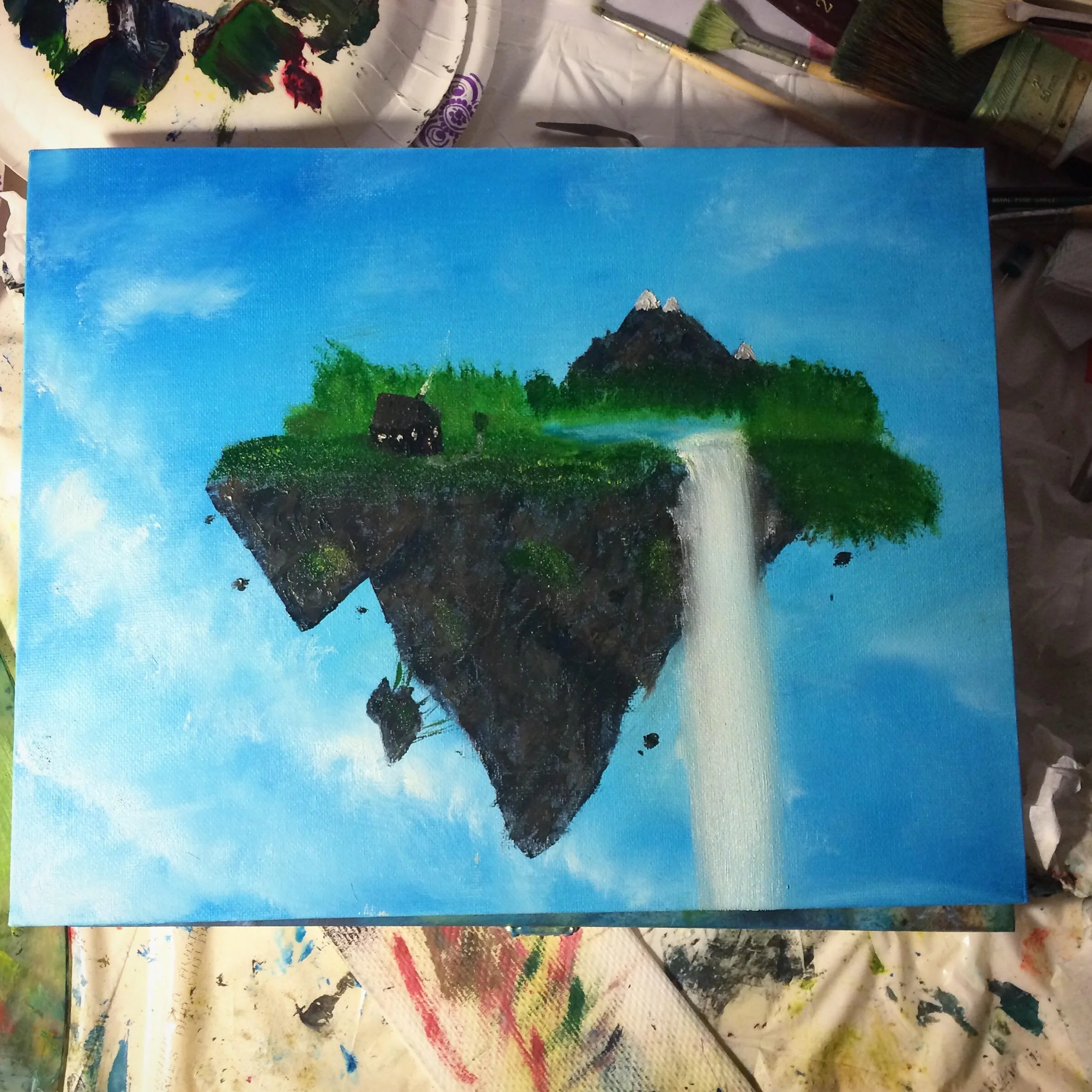 Painting of a floating island with trees, a waterfall, a mountain, and small houses under a blue sky.