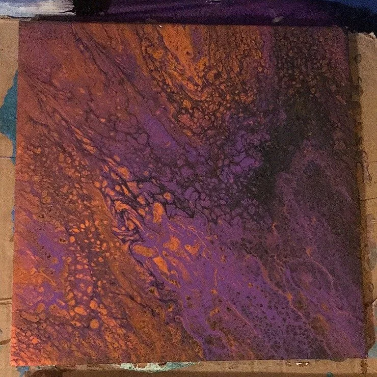 Abstract painting with swirling patterns in purple, orange, and black hues.