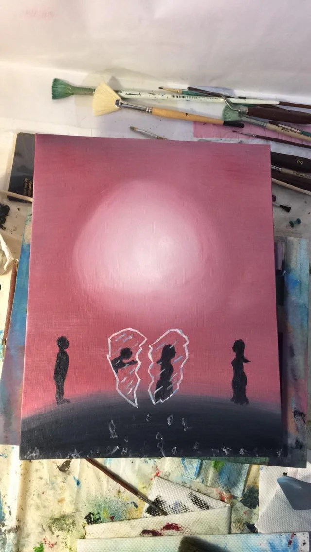 Painting of four silhouetted people standing on a gradient ground against a pink and purple sky with a large bright sun or moon and two broken hearts in the center.