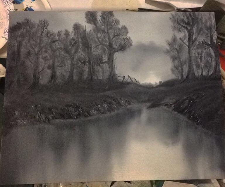 Black and white landscape painting of a river flowing between trees on either side, with a small group of people in the distance near a bridge or pathway.