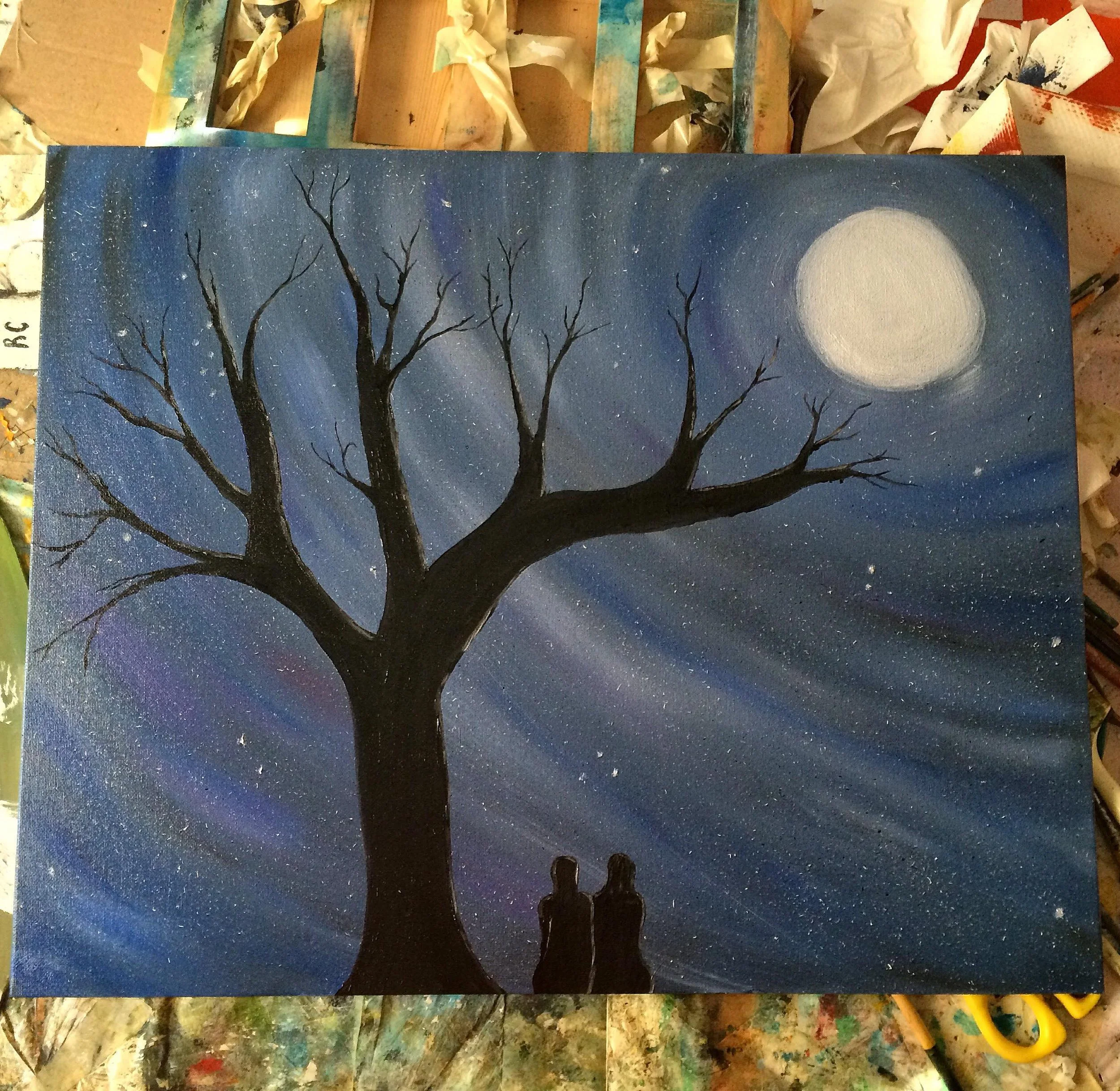 Painting of a night scene with a large, leafless tree, a bright full moon, and two silhouetted people sitting under the tree, surrounded by a starry sky.