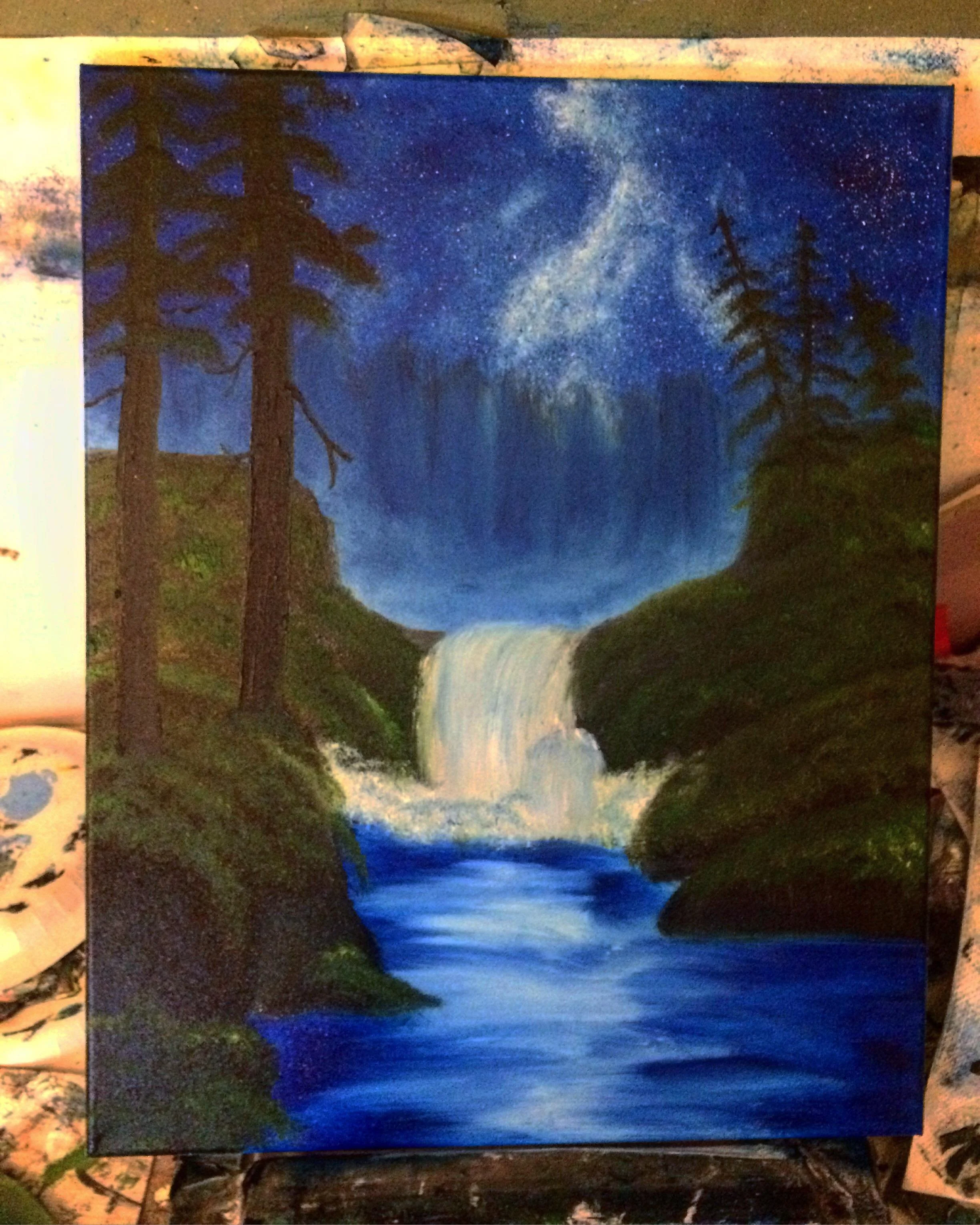 A painting of a night landscape featuring a waterfall flowing into a river, surrounded by green trees on a rocky hillside, with a starry sky and the Milky Way galaxy overhead.