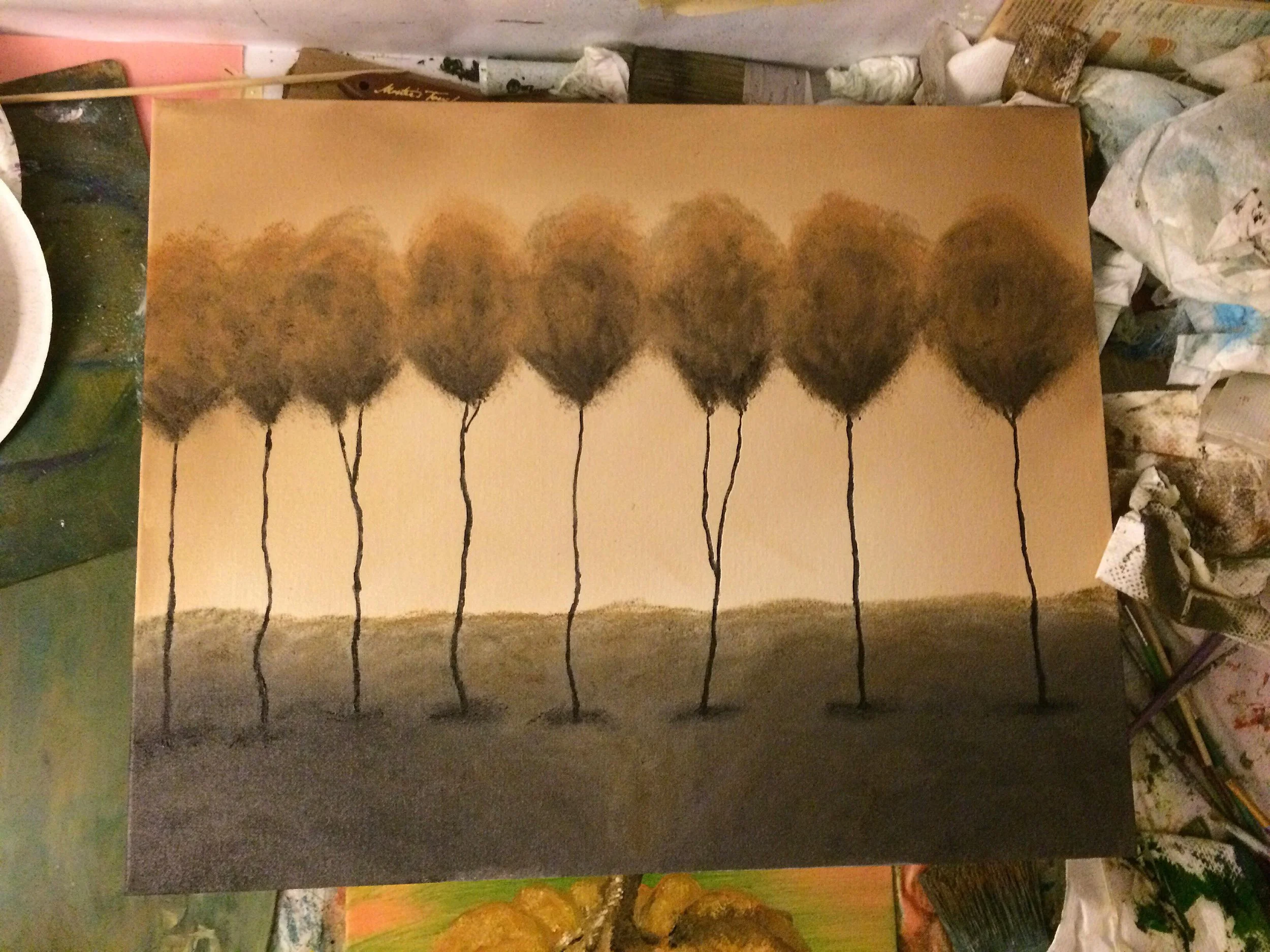A painting of seven stylized trees with dark, rounded foliage and thin, wavy trunks, set against a two-tone background with a lighter upper section and darker ground.