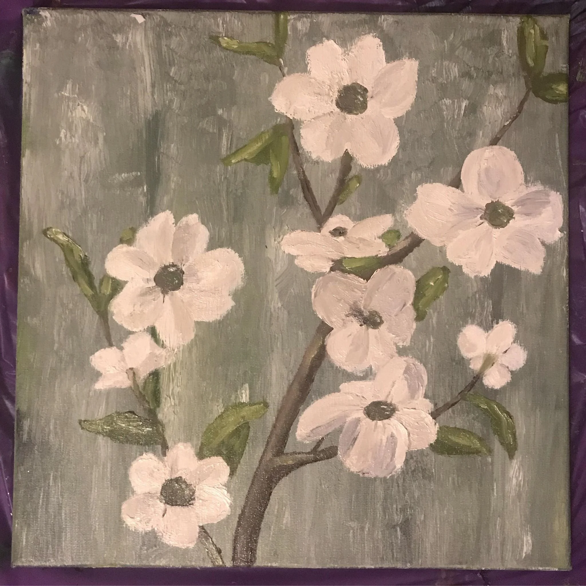 Painting of white flowers with dark centers on a grayish background.