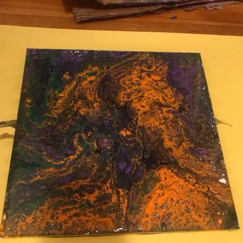 Abstract painting with swirling orange, purple, black, and green colors on a square canvas.