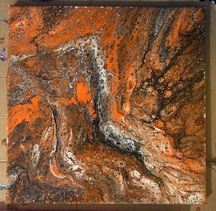 Abstract painting with orange, black, brown, and white swirling patterns and textures.