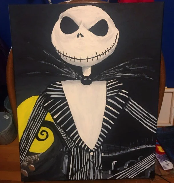 A painting of Jack Skellington from The Nightmare Before Christmas, with a large skull head, black eye sockets, a stitched smile, wearing a pinstripe suit, with a yellow background element and dark surroundings.