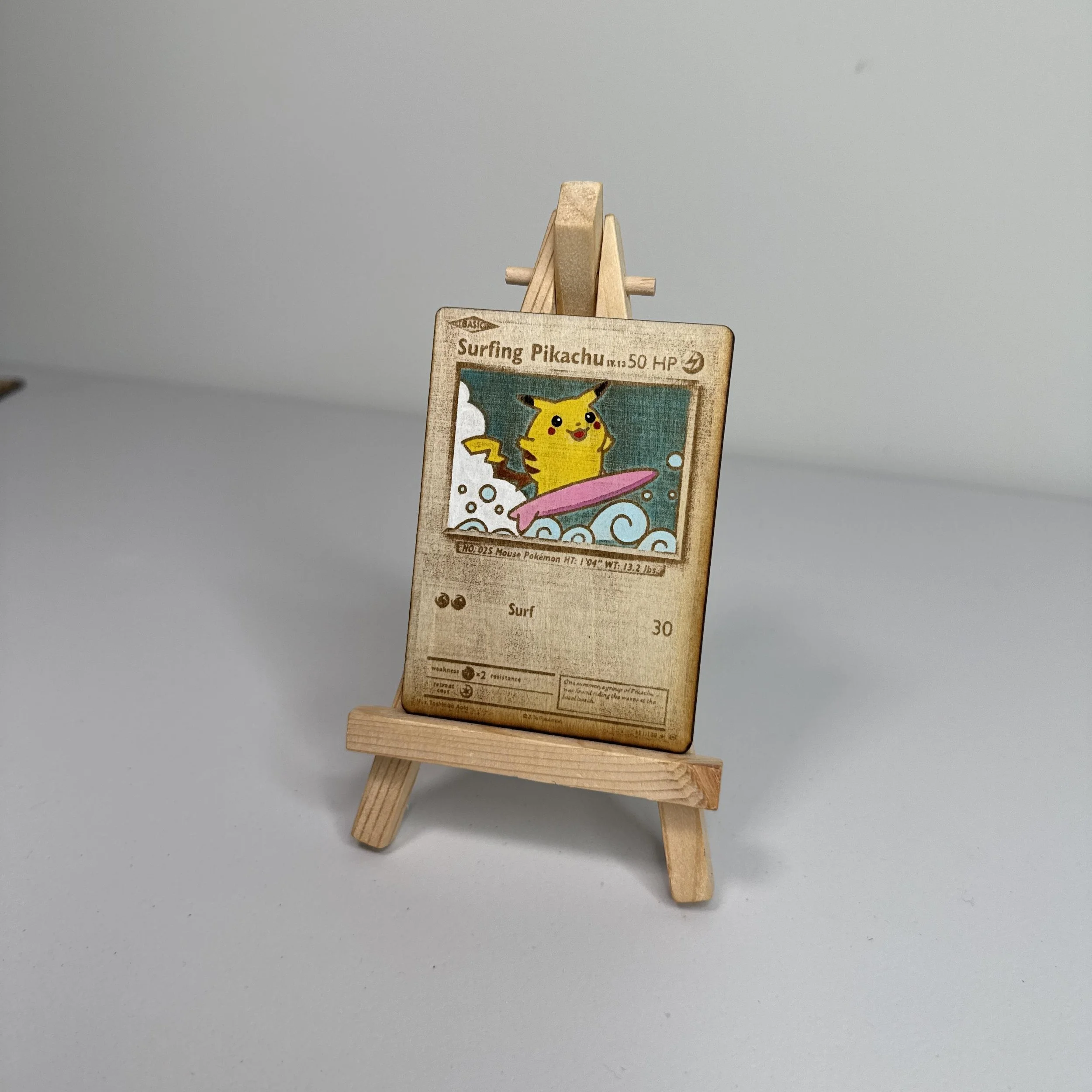 Surfing Pikachu (111) Engraved Wooden TCG Card