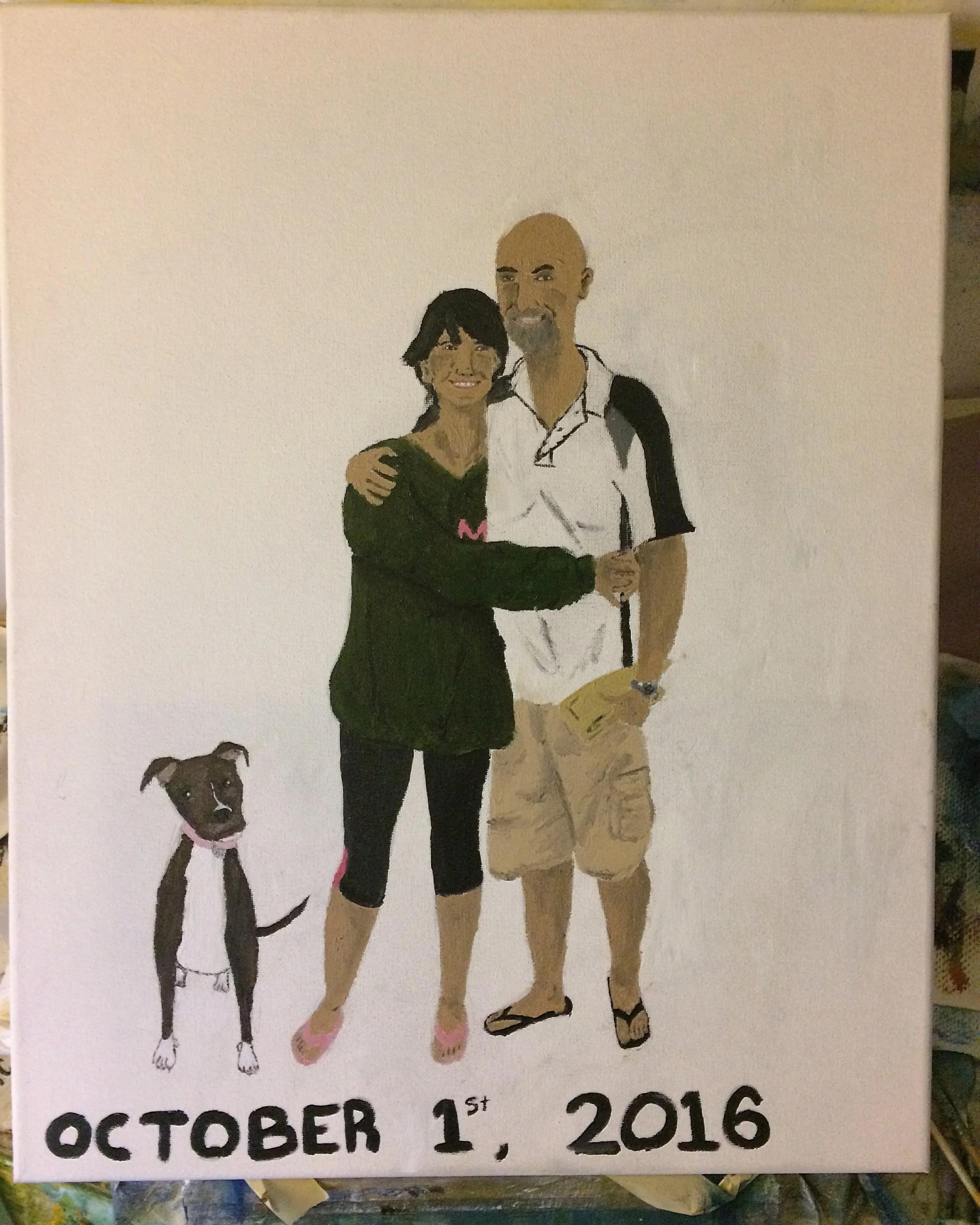 A painting of a smiling couple and a dog, with the date October 1st, 2016 written at the bottom.