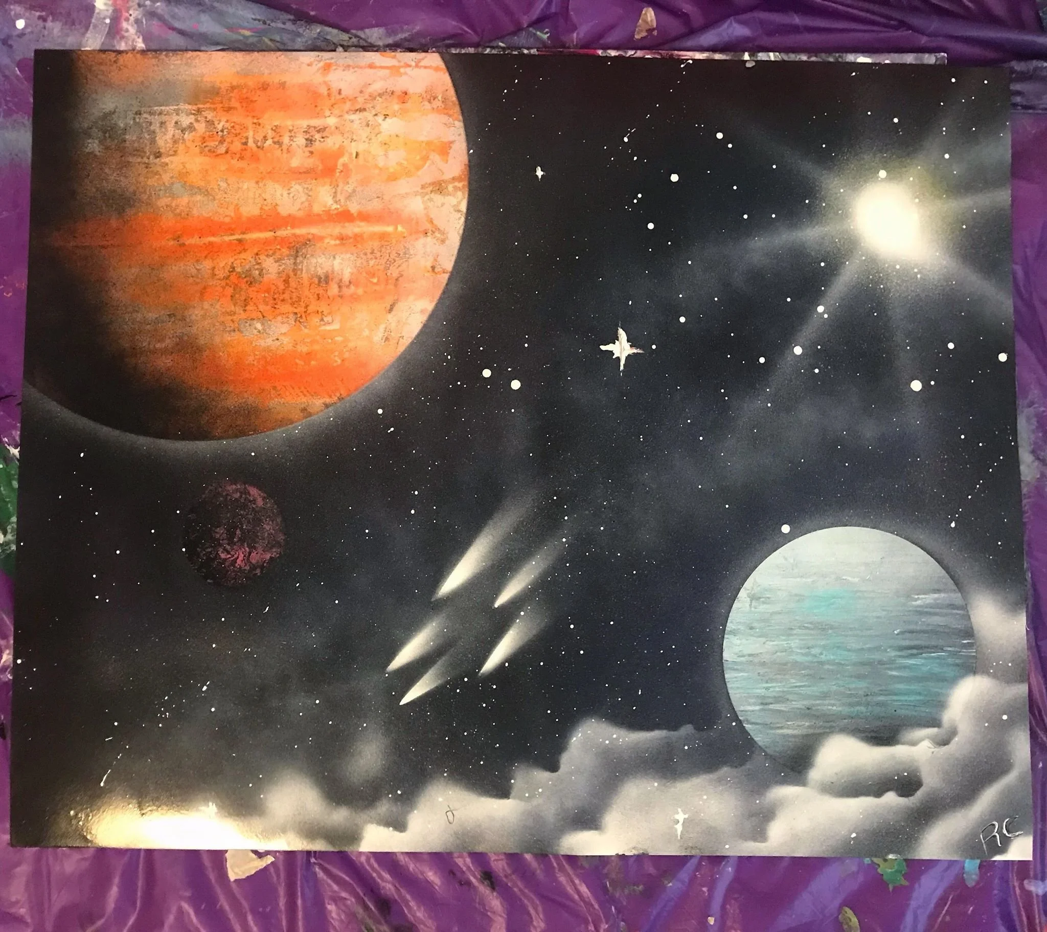 A painting of outer space featuring three planets, stars, a comet, and a nebula, with clouds or mist at the bottom.