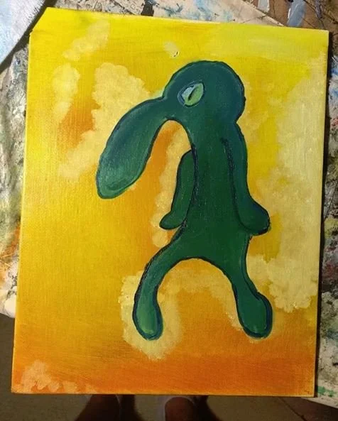 A colorful abstract painting of a green dinosaur against a yellow and orange background.
