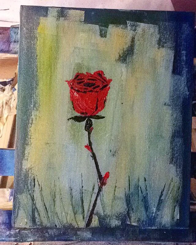 Painting of a single red rose on a green and blue background.