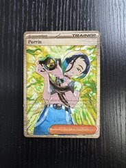 A Pokémon trading card featuring Perrin, a trainer character, standing with a pink Pokémon. The card has a shiny, holographic background with green and yellow patterns.