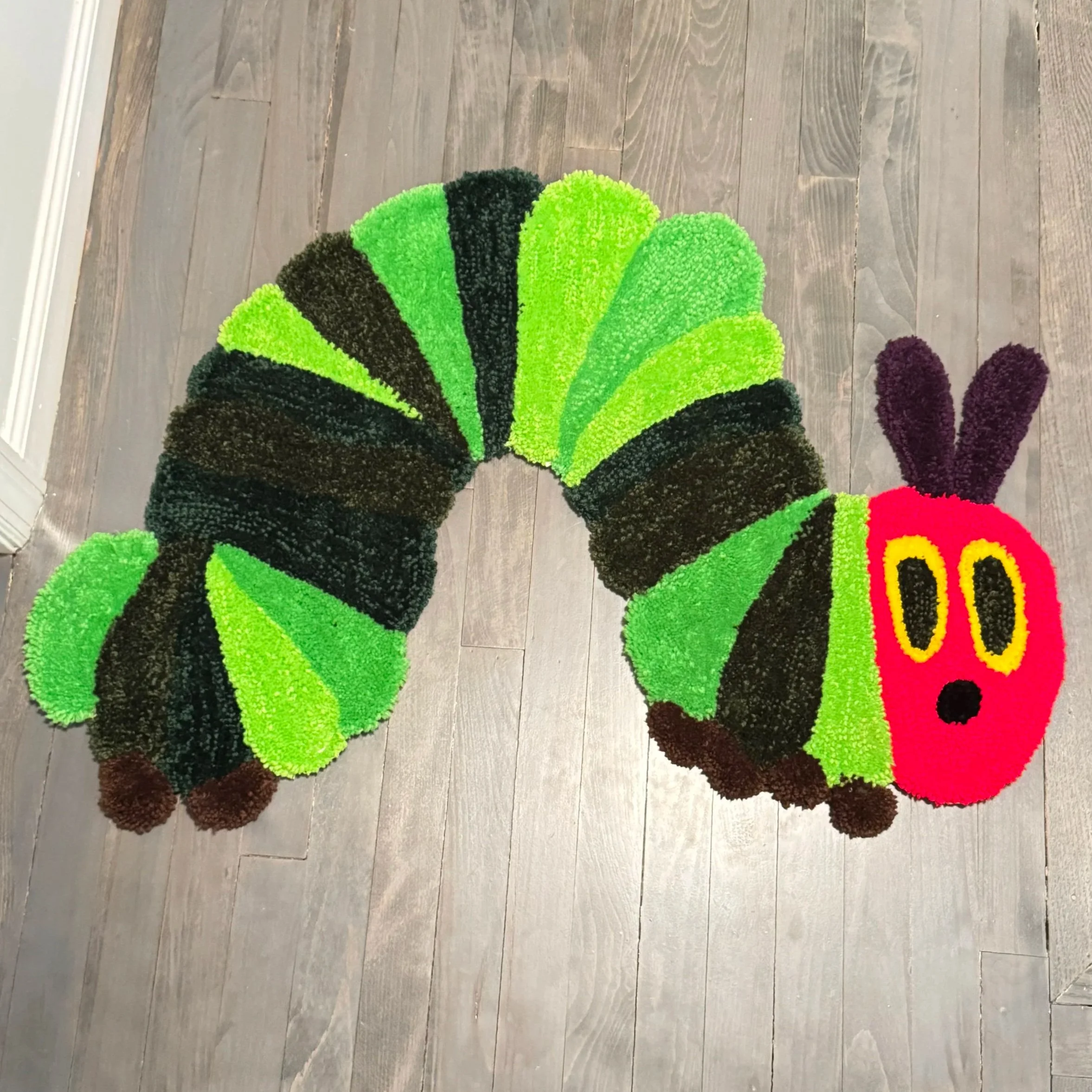 Very Hungry Caterpillar Handmade Rug – 3ft by 2ft Acrylic Yarn