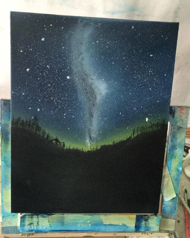 Painting of the night sky with the Milky Way galaxy over a dark forested landscape, featuring stars and green aurora lights.