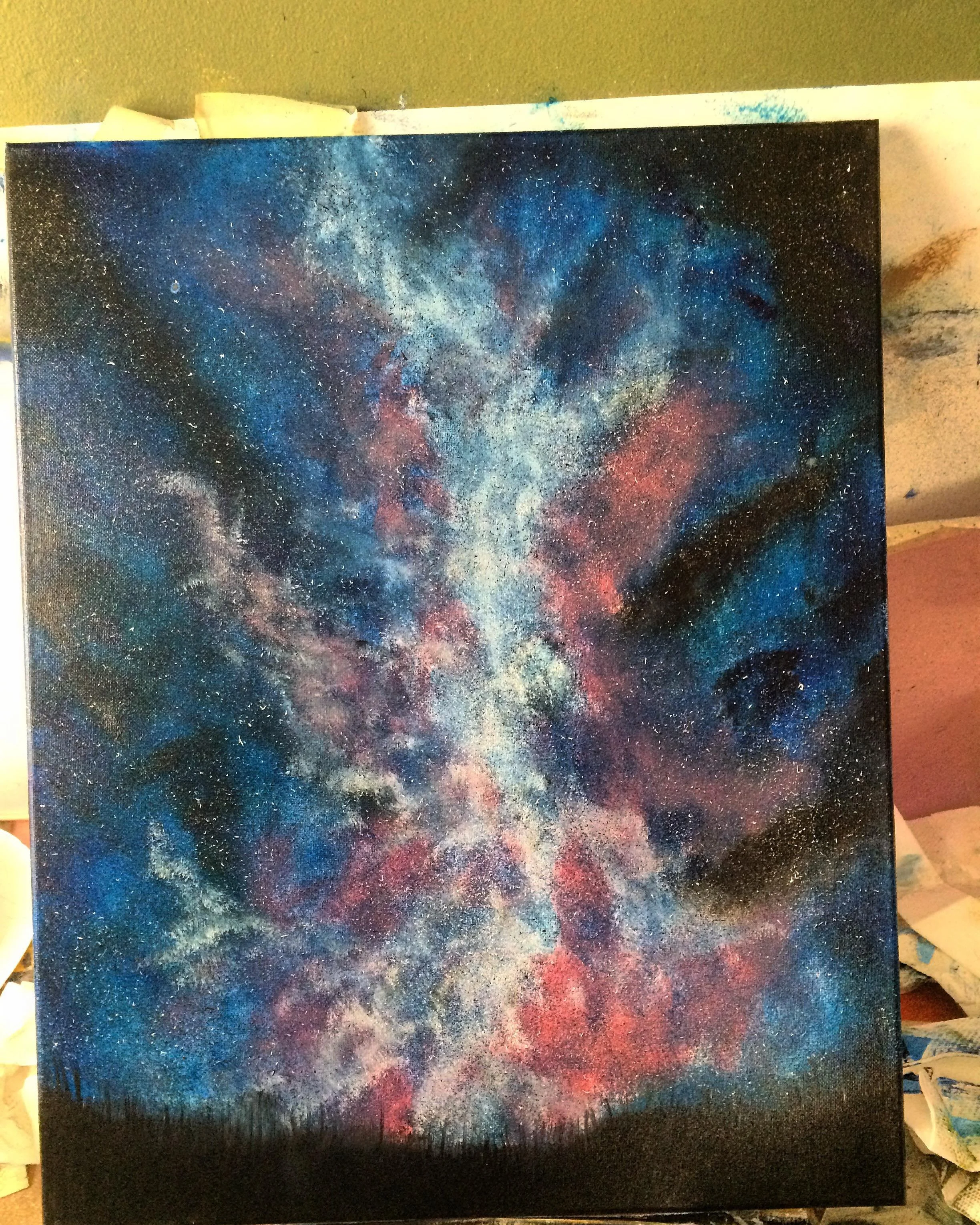 A colorful painting of the galaxy with stars, nebulae, and cosmic dust in shades of blue, pink, purple, and white.